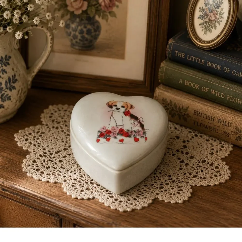 Porcelain Puppy Trinket Box with Lid Heart Shaped